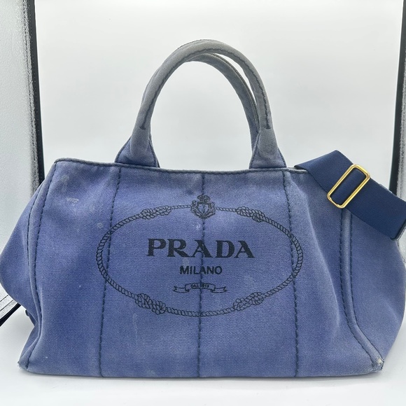 Prada Large Canapa Logo Blue Canvas Tote with shoulder strap - Picture 1 of 10
